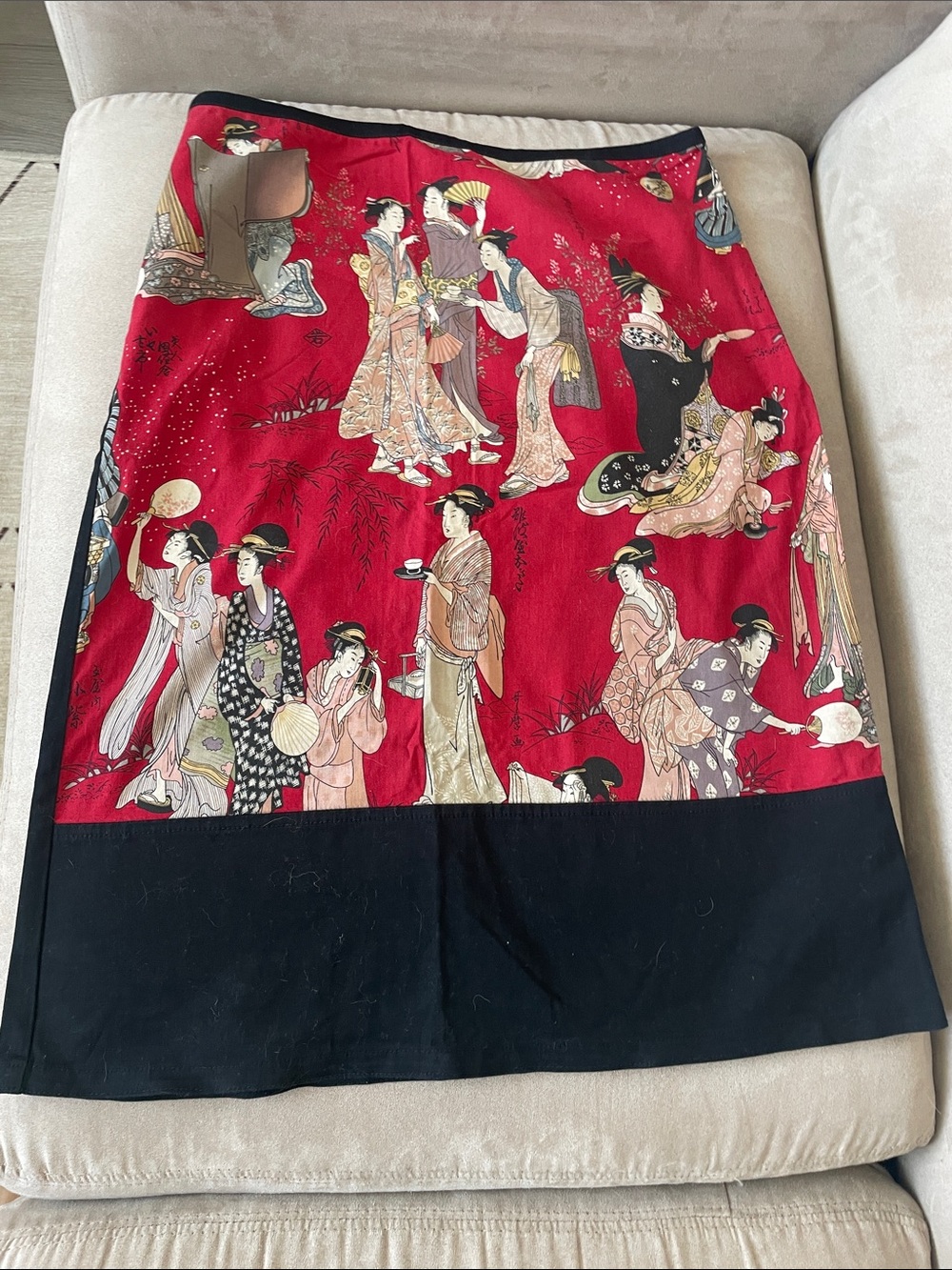 Red Geisha Print Pencil Skirt with Black Trim